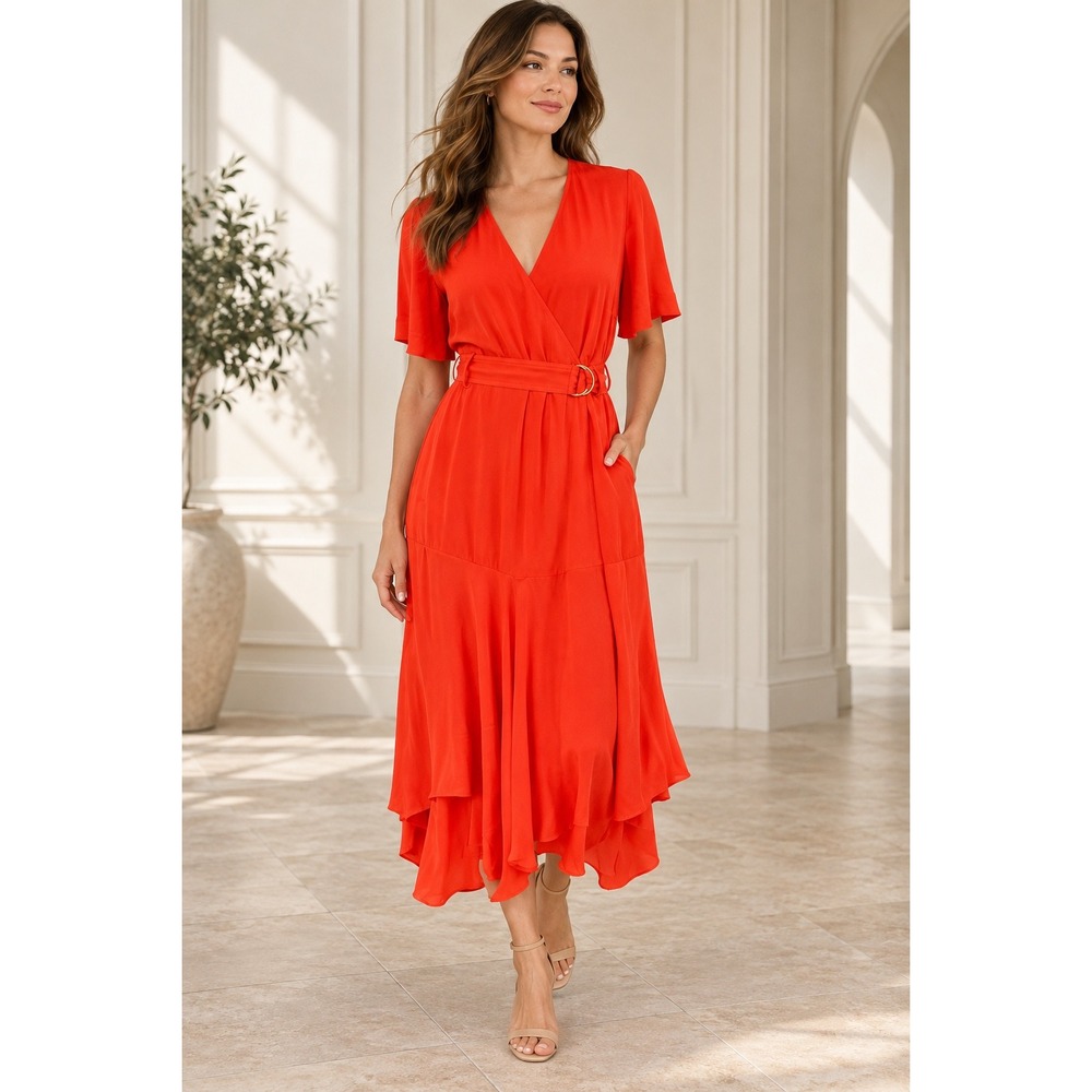 A.L.C. Claire Dress Sz 4 Orange Red 100% Silk Wrap Belted Midi Pockets‎